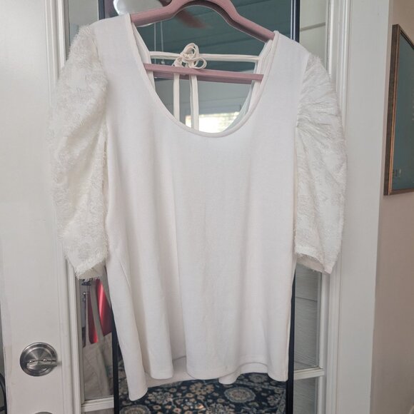 Maurices Ribbed Puff Eyelash Sleeve Tie Back Top Cream - 1X - Picture 1 of 6